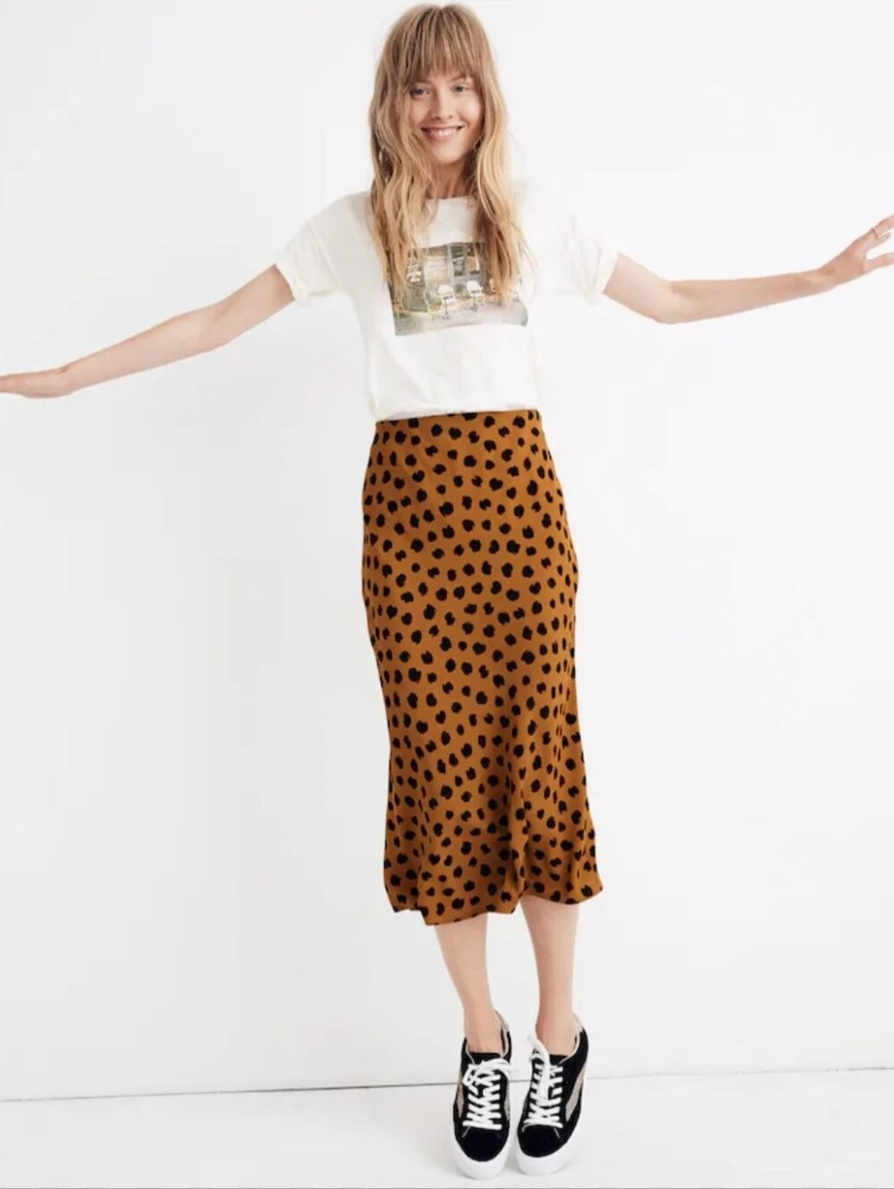 Madewell Camel Midi Slip Skirt with Black Spot Print Size 10